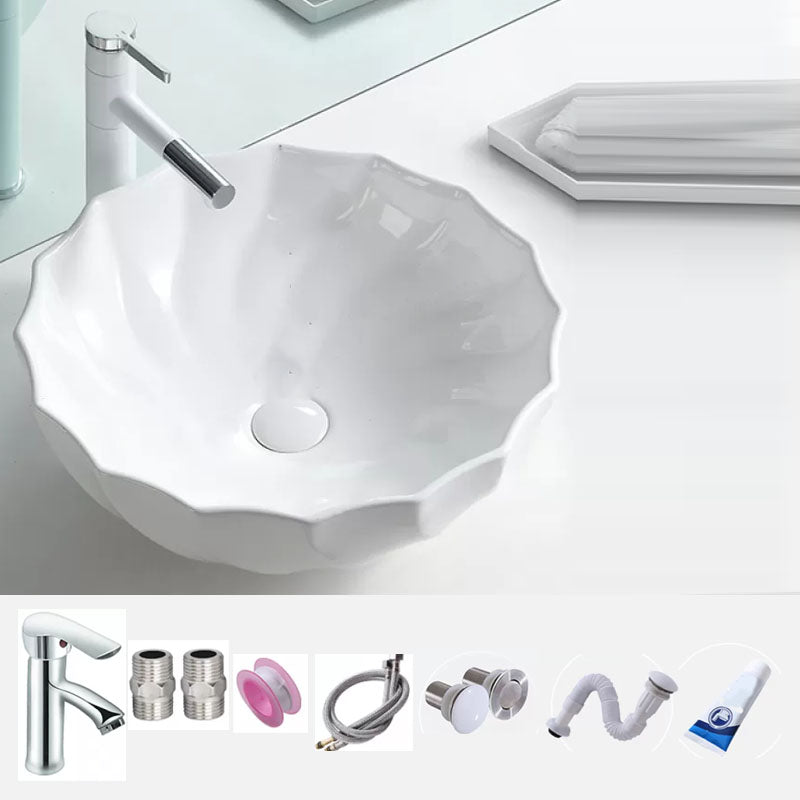 Bathroom Sink White Ceramic Faucet Single Handle Round Shape Sink 18"L x 18"W x 6"H Sink with Faucet Clearhalo 'Bathroom Remodel & Bathroom Fixtures' 'Bathroom Sinks & Faucet Components' 'Bathroom Sinks' 'bathroom_sink' 'Home Improvement' 'home_improvement' 'home_improvement_bathroom_sink' 7208855