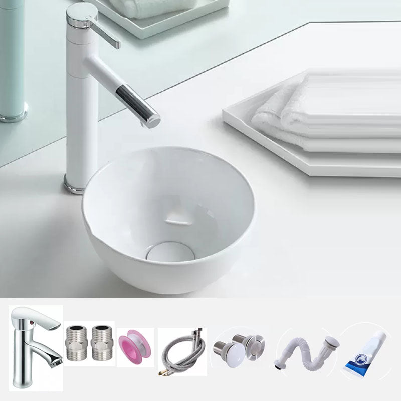 Bathroom Sink White Ceramic Faucet Single Handle Round Shape Sink Sink with Faucet Clearhalo 'Bathroom Remodel & Bathroom Fixtures' 'Bathroom Sinks & Faucet Components' 'Bathroom Sinks' 'bathroom_sink' 'Home Improvement' 'home_improvement' 'home_improvement_bathroom_sink' 7208856