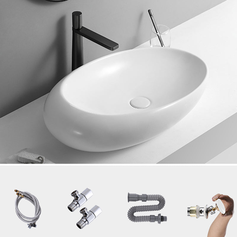 Contemporary Bathroom Sink with Pop-Up Drain Porcelain Oval-Shape Vessel Lavatory Sink 26.8"L x 16.9"W x 6.3"H 7 Shape Sink with Faucet Clearhalo 'Bathroom Remodel & Bathroom Fixtures' 'Bathroom Sinks & Faucet Components' 'Bathroom Sinks' 'bathroom_sink' 'Home Improvement' 'home_improvement' 'home_improvement_bathroom_sink' 7208986