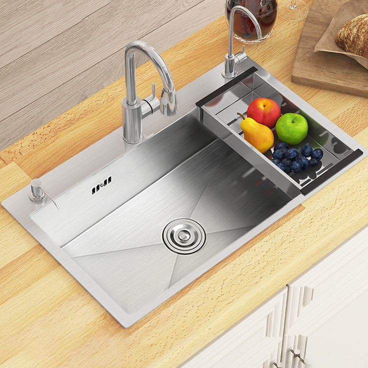 Modern Workstation Sink Stainless Steel with Basket Strainer and Faucet Kitchen Sink Clearhalo 'Home Improvement' 'home_improvement' 'home_improvement_kitchen_sinks' 'Kitchen Remodel & Kitchen Fixtures' 'Kitchen Sinks & Faucet Components' 'Kitchen Sinks' 'kitchen_sinks' 7209192
