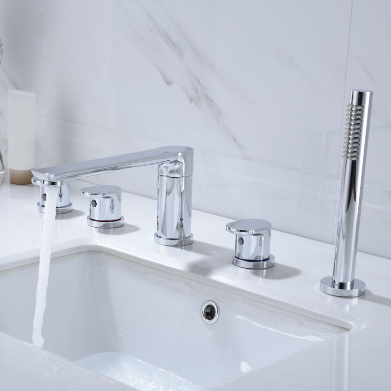 Modern Square Brass Tub Faucet with Hand Shower Bathroom Faucet Chrome 5 Hole Faucets Clearhalo 'Bathroom Remodel & Bathroom Fixtures' 'Bathtub Faucets' 'bathtub_faucets' 'Home Improvement' 'home_improvement' 'home_improvement_bathtub_faucets' 7209322