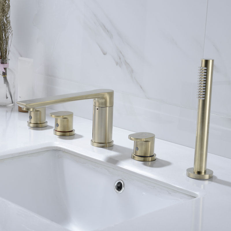 Modern Square Brass Tub Faucet with Hand Shower Bathroom Faucet Gold 5 Hole Faucets Clearhalo 'Bathroom Remodel & Bathroom Fixtures' 'Bathtub Faucets' 'bathtub_faucets' 'Home Improvement' 'home_improvement' 'home_improvement_bathtub_faucets' 7209328