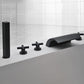 Modern Waterfall Spout Tub Faucet Bathroom Low Arc Bathtub Faucet Black Cross Handles Hand Shower Included Clearhalo 'Bathroom Remodel & Bathroom Fixtures' 'Bathtub Faucets' 'bathtub_faucets' 'Home Improvement' 'home_improvement' 'home_improvement_bathtub_faucets' 7209337