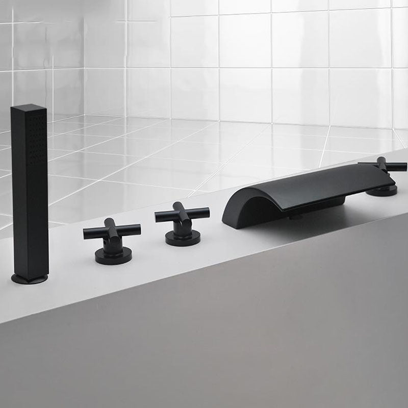 Modern Waterfall Spout Tub Faucet Bathroom Low Arc Bathtub Faucet Black Cross Handles Hand Shower Included Clearhalo 'Bathroom Remodel & Bathroom Fixtures' 'Bathtub Faucets' 'bathtub_faucets' 'Home Improvement' 'home_improvement' 'home_improvement_bathtub_faucets' 7209337