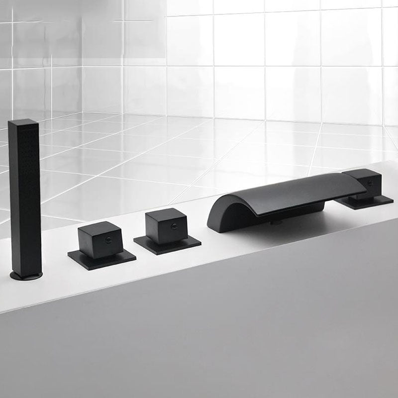 Modern Waterfall Spout Tub Faucet Bathroom Low Arc Bathtub Faucet Black Square Handle Hand Shower Included Clearhalo 'Bathroom Remodel & Bathroom Fixtures' 'Bathtub Faucets' 'bathtub_faucets' 'Home Improvement' 'home_improvement' 'home_improvement_bathtub_faucets' 7209339
