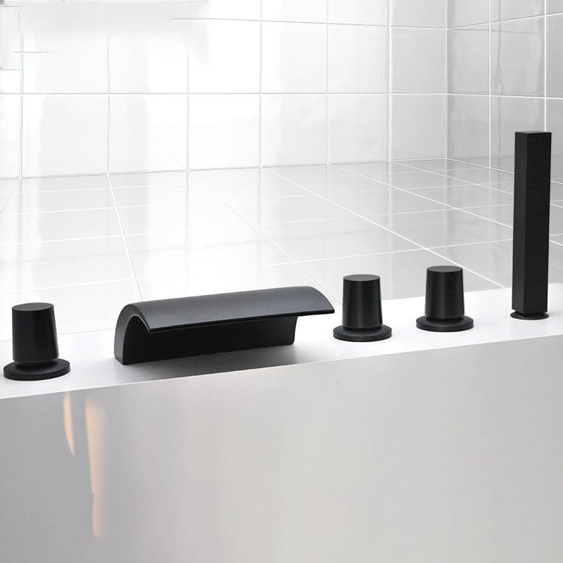 Modern Waterfall Spout Tub Faucet Bathroom Low Arc Bathtub Faucet Black Tapered Handle Hand Shower Included Clearhalo 'Bathroom Remodel & Bathroom Fixtures' 'Bathtub Faucets' 'bathtub_faucets' 'Home Improvement' 'home_improvement' 'home_improvement_bathtub_faucets' 7209340