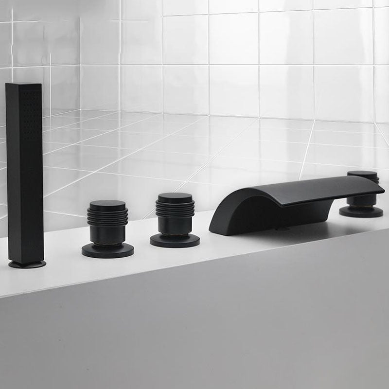 Modern Waterfall Spout Tub Faucet Bathroom Low Arc Bathtub Faucet Black Cylindrical Handle Hand Shower Included Clearhalo 'Bathroom Remodel & Bathroom Fixtures' 'Bathtub Faucets' 'bathtub_faucets' 'Home Improvement' 'home_improvement' 'home_improvement_bathtub_faucets' 7209343