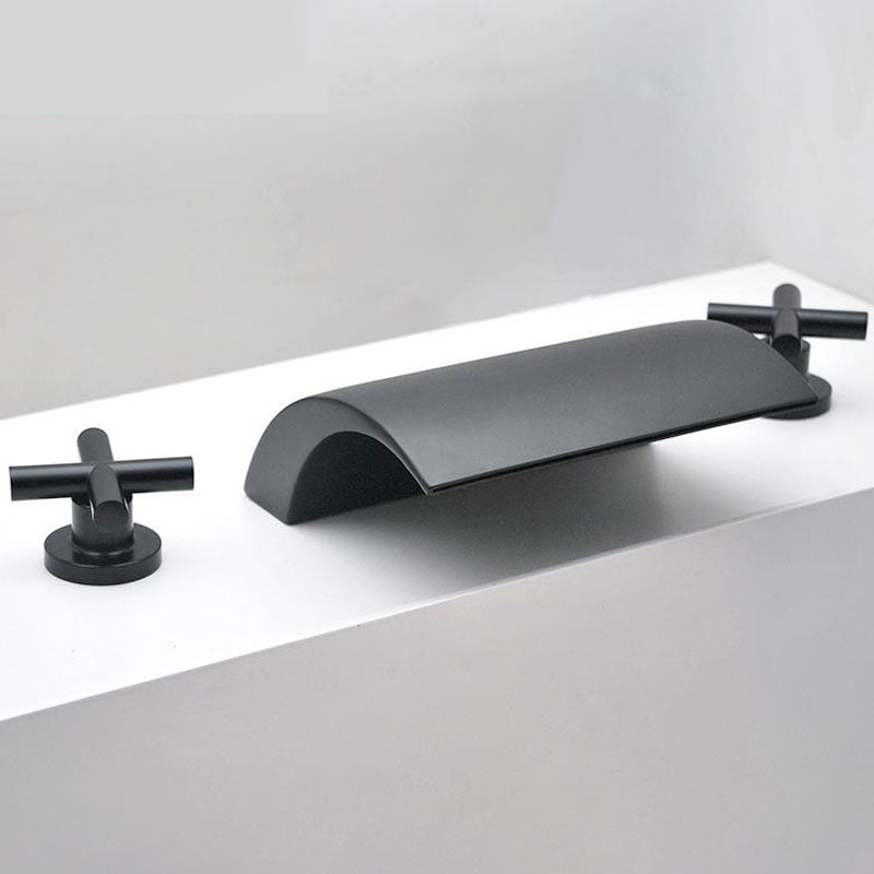 Modern Waterfall Spout Tub Faucet Bathroom Low Arc Bathtub Faucet Black Cross Handles Hand Shower Not Included Clearhalo 'Bathroom Remodel & Bathroom Fixtures' 'Bathtub Faucets' 'bathtub_faucets' 'Home Improvement' 'home_improvement' 'home_improvement_bathtub_faucets' 7209347