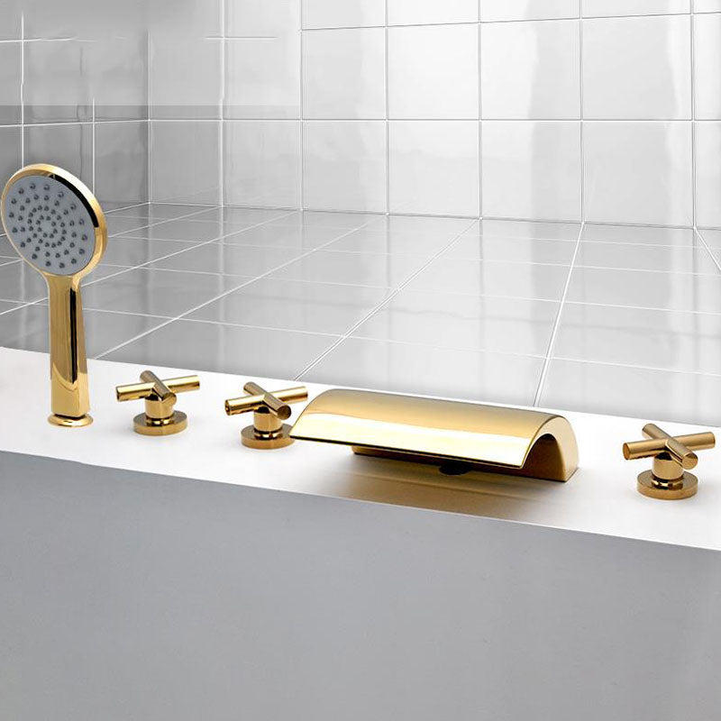 Modern Waterfall Spout Tub Faucet Bathroom Low Arc Bathtub Faucet Gold Cross Handles Hand Shower Included Clearhalo 'Bathroom Remodel & Bathroom Fixtures' 'Bathtub Faucets' 'bathtub_faucets' 'Home Improvement' 'home_improvement' 'home_improvement_bathtub_faucets' 7209356