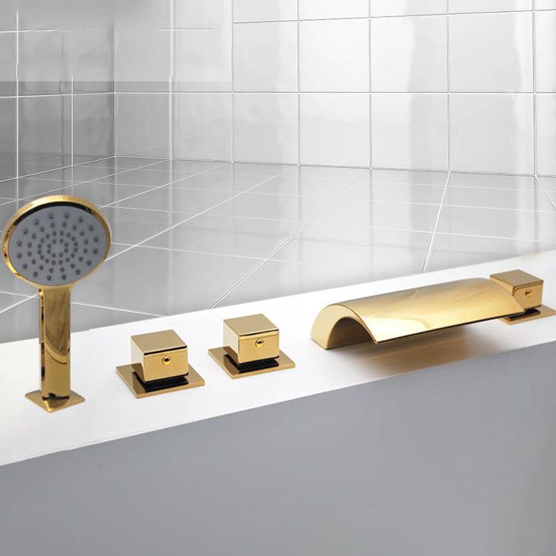 Modern Waterfall Spout Tub Faucet Bathroom Low Arc Bathtub Faucet Gold Square Handle Hand Shower Included Clearhalo 'Bathroom Remodel & Bathroom Fixtures' 'Bathtub Faucets' 'bathtub_faucets' 'Home Improvement' 'home_improvement' 'home_improvement_bathtub_faucets' 7209357