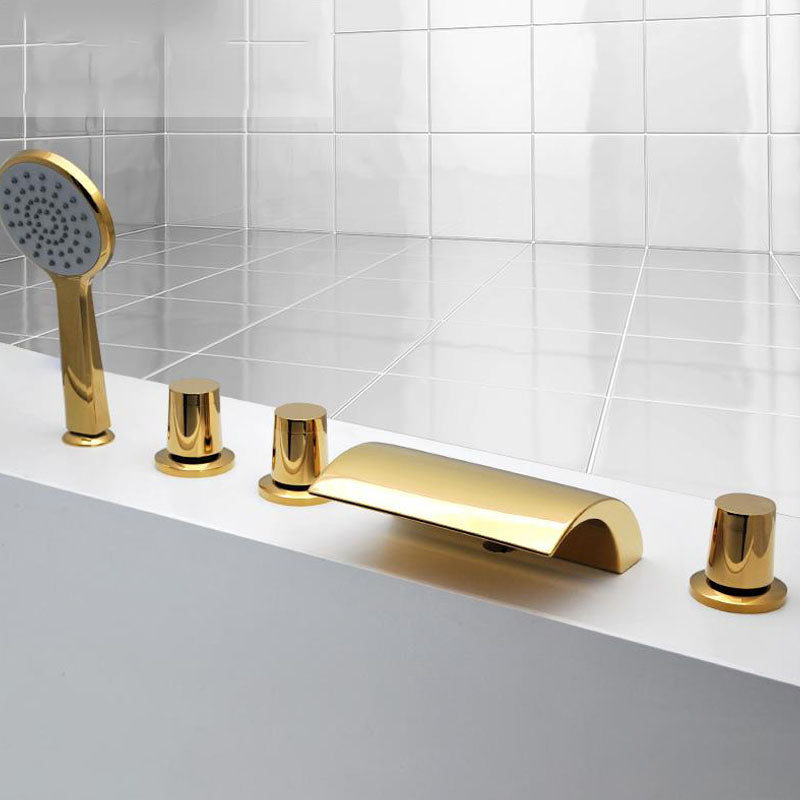 Modern Waterfall Spout Tub Faucet Bathroom Low Arc Bathtub Faucet Gold Tapered Handle Hand Shower Included Clearhalo 'Bathroom Remodel & Bathroom Fixtures' 'Bathtub Faucets' 'bathtub_faucets' 'Home Improvement' 'home_improvement' 'home_improvement_bathtub_faucets' 7209358