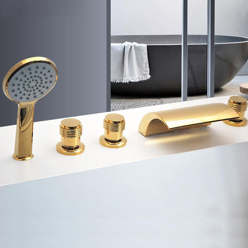 Modern Waterfall Spout Tub Faucet Bathroom Low Arc Bathtub Faucet Gold Cylindrical Handle Hand Shower Included Clearhalo 'Bathroom Remodel & Bathroom Fixtures' 'Bathtub Faucets' 'bathtub_faucets' 'Home Improvement' 'home_improvement' 'home_improvement_bathtub_faucets' 7209359
