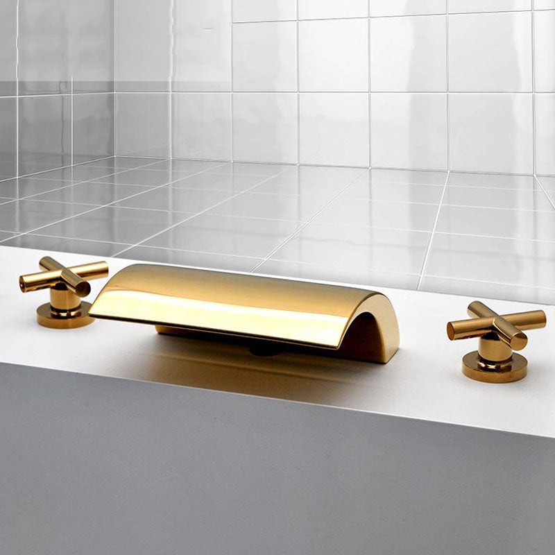 Modern Waterfall Spout Tub Faucet Bathroom Low Arc Bathtub Faucet Gold Cross Handles Hand Shower Not Included Clearhalo 'Bathroom Remodel & Bathroom Fixtures' 'Bathtub Faucets' 'bathtub_faucets' 'Home Improvement' 'home_improvement' 'home_improvement_bathtub_faucets' 7209360