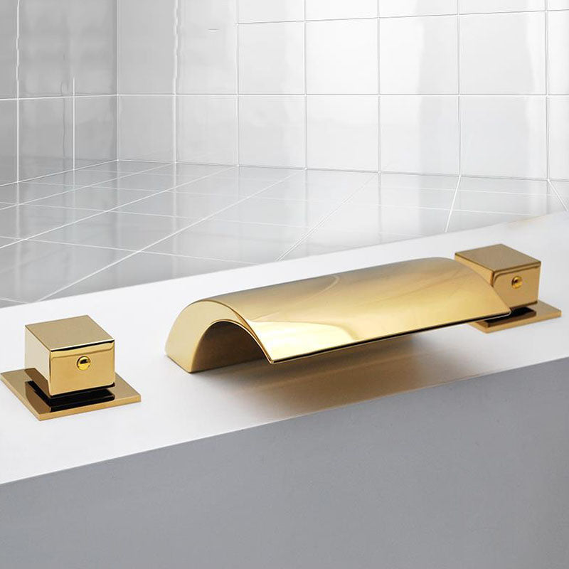 Modern Waterfall Spout Tub Faucet Bathroom Low Arc Bathtub Faucet Gold Square Handle Hand Shower Not Included Clearhalo 'Bathroom Remodel & Bathroom Fixtures' 'Bathtub Faucets' 'bathtub_faucets' 'Home Improvement' 'home_improvement' 'home_improvement_bathtub_faucets' 7209361
