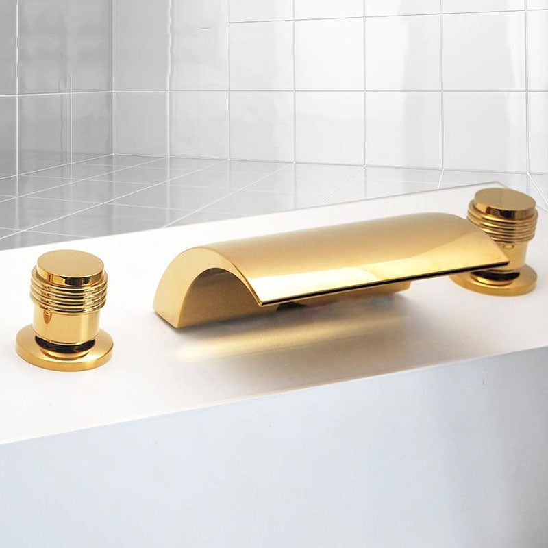 Modern Waterfall Spout Tub Faucet Bathroom Low Arc Bathtub Faucet Gold Cylindrical Handle Hand Shower Not Included Clearhalo 'Bathroom Remodel & Bathroom Fixtures' 'Bathtub Faucets' 'bathtub_faucets' 'Home Improvement' 'home_improvement' 'home_improvement_bathtub_faucets' 7209363
