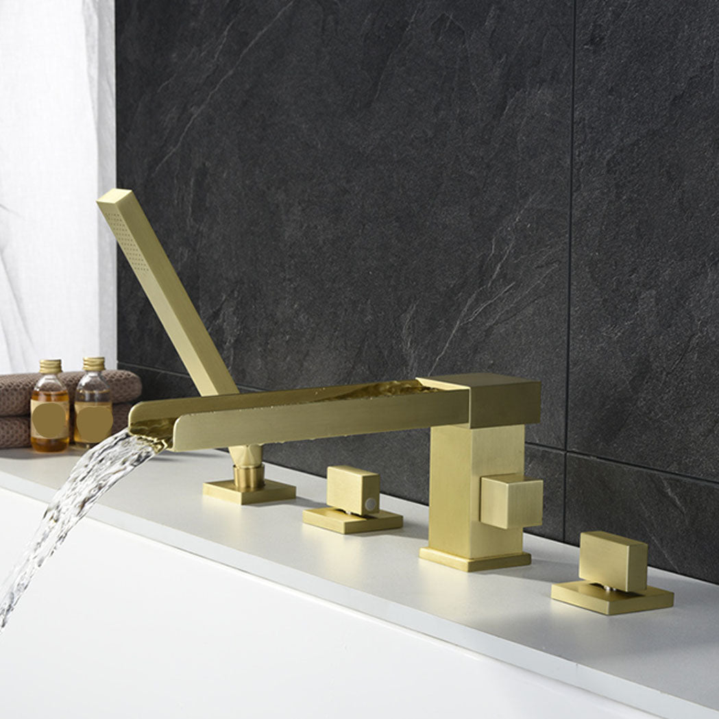 Modern Square Low Arc Faucet with Hand Shower Bathtub Faucet Clearhalo 'Bathroom Remodel & Bathroom Fixtures' 'Bathtub Faucets' 'bathtub_faucets' 'Home Improvement' 'home_improvement' 'home_improvement_bathtub_faucets' 7209380