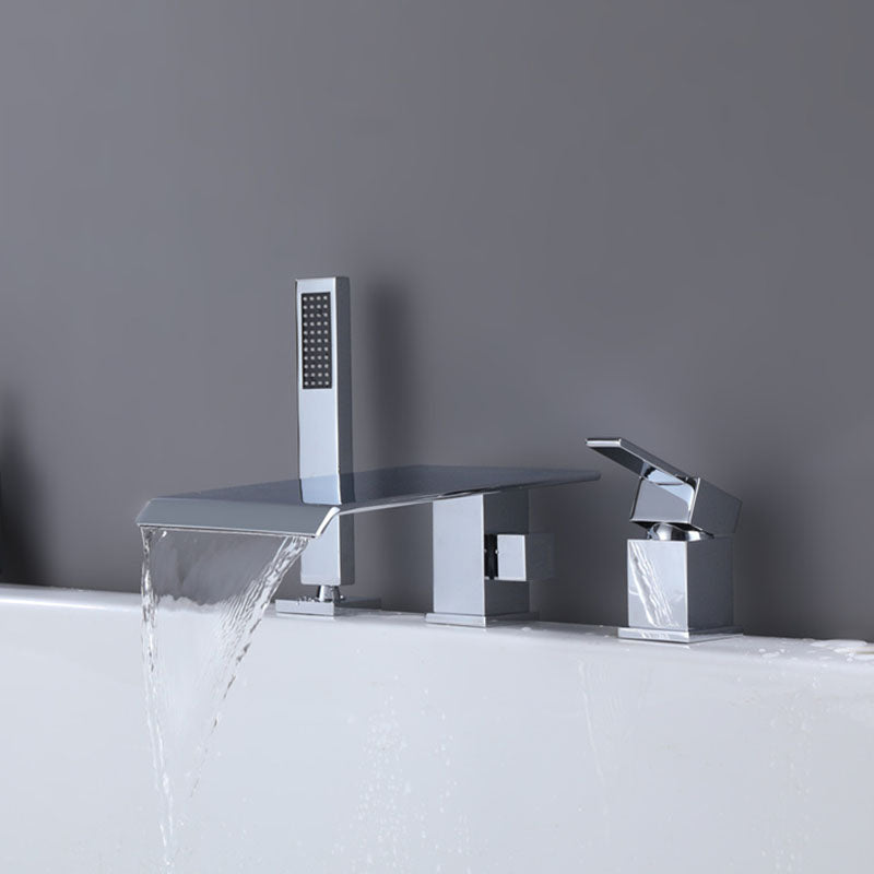 Modern Square Low Arc Faucet with Hand Shower Bathtub Faucet Silver 3 Hole Faucets Waterfall Faucet Included Clearhalo 'Bathroom Remodel & Bathroom Fixtures' 'Bathtub Faucets' 'bathtub_faucets' 'Home Improvement' 'home_improvement' 'home_improvement_bathtub_faucets' 7209385