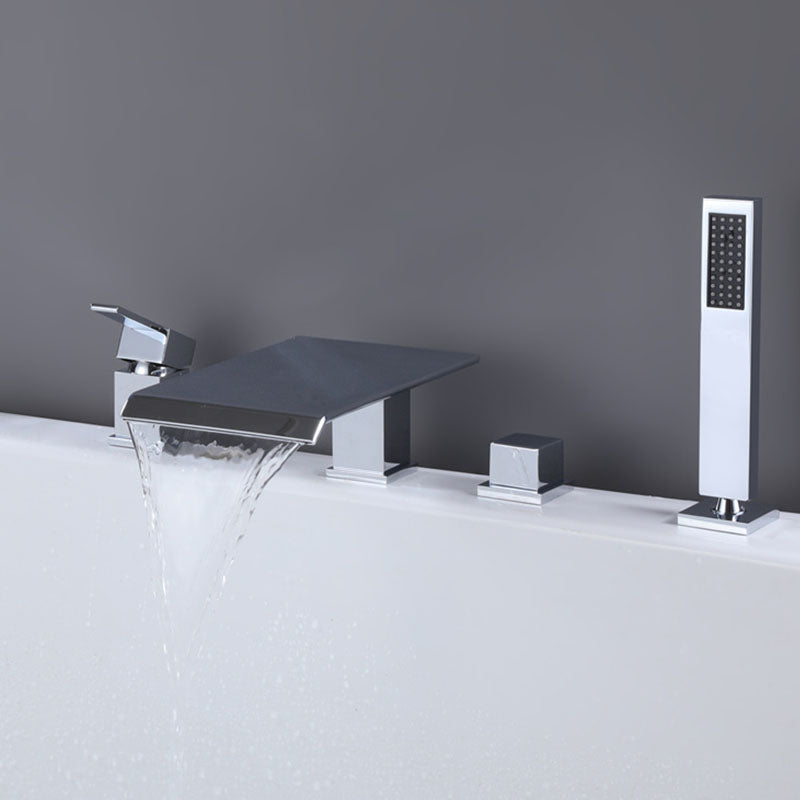 Modern Square Low Arc Faucet with Hand Shower Bathtub Faucet Silver 4 Hole Faucets Waterfall Faucet Included Clearhalo 'Bathroom Remodel & Bathroom Fixtures' 'Bathtub Faucets' 'bathtub_faucets' 'Home Improvement' 'home_improvement' 'home_improvement_bathtub_faucets' 7209387