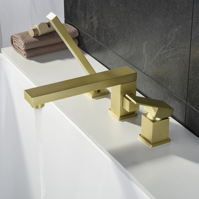 Modern Square Low Arc Faucet with Hand Shower Bathtub Faucet Gold 3 Hole Faucets Waterfall Faucet Not Included Clearhalo 'Bathroom Remodel & Bathroom Fixtures' 'Bathtub Faucets' 'bathtub_faucets' 'Home Improvement' 'home_improvement' 'home_improvement_bathtub_faucets' 7209390