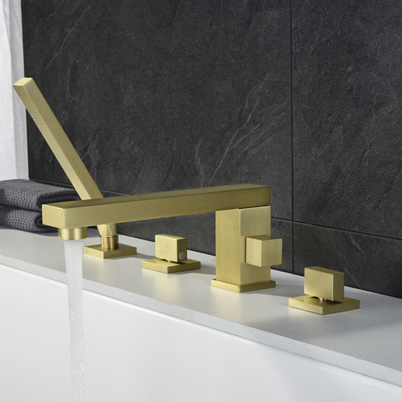 Modern Square Low Arc Faucet with Hand Shower Bathtub Faucet Gold 4 Hole Faucets Waterfall Faucet Not Included Clearhalo 'Bathroom Remodel & Bathroom Fixtures' 'Bathtub Faucets' 'bathtub_faucets' 'Home Improvement' 'home_improvement' 'home_improvement_bathtub_faucets' 7209393