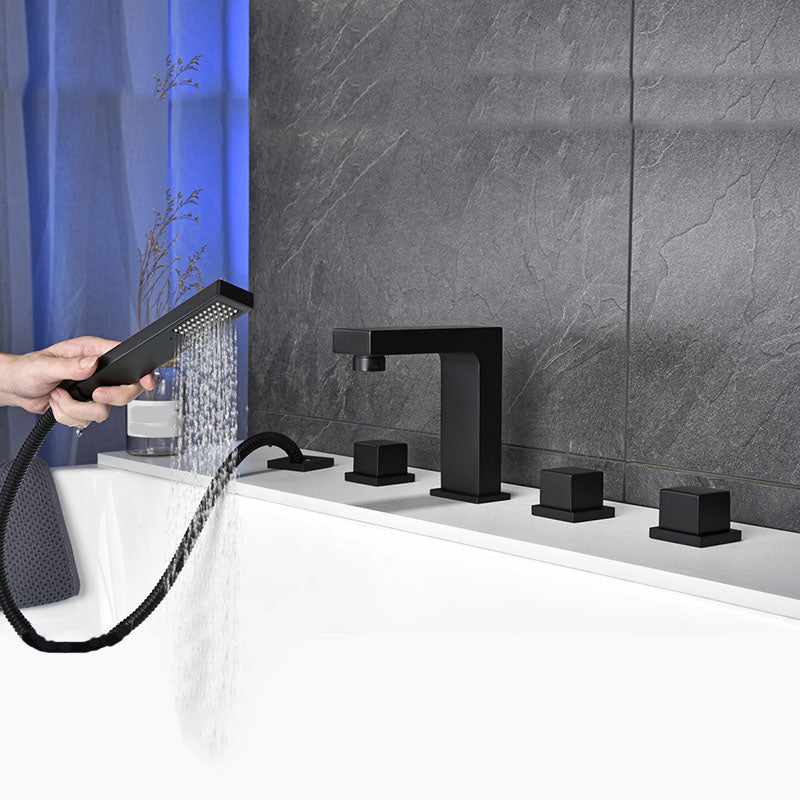 Modern Square Low Arc Faucet with Hand Shower Bathtub Faucet Black 4 Hole Faucets Waterfall Faucet Not Included Clearhalo 'Bathroom Remodel & Bathroom Fixtures' 'Bathtub Faucets' 'bathtub_faucets' 'Home Improvement' 'home_improvement' 'home_improvement_bathtub_faucets' 7209395