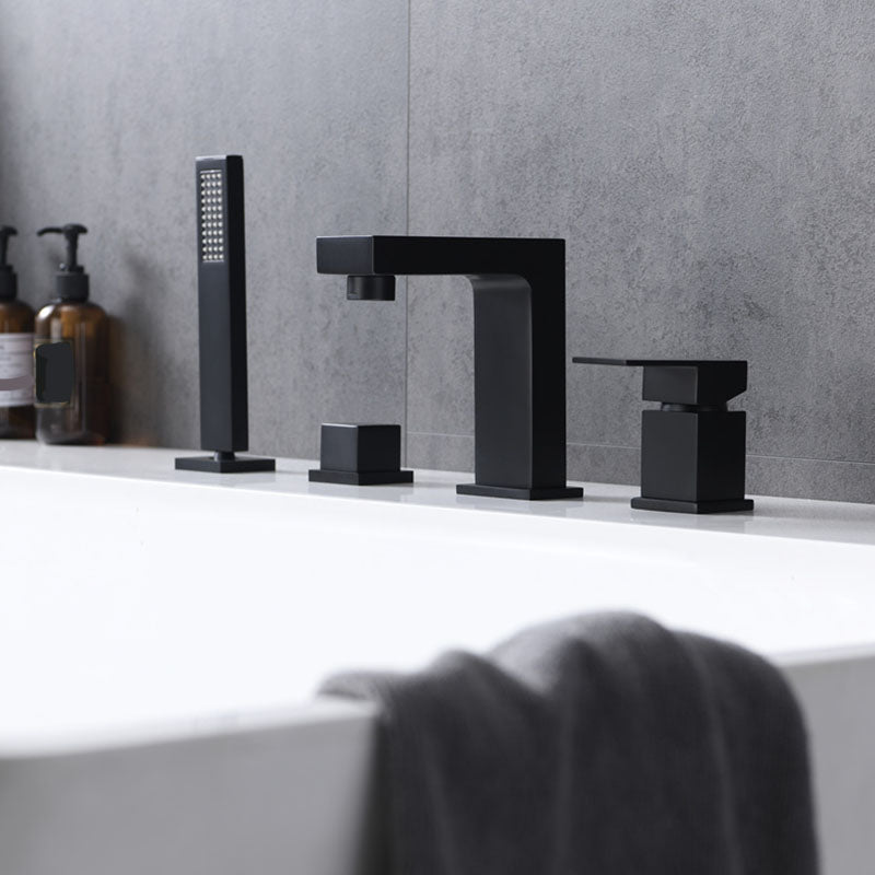 Modern Square Low Arc Faucet with Hand Shower Bathtub Faucet Matte Black 4 Hole Faucets Waterfall Faucet Not Included Clearhalo 'Bathroom Remodel & Bathroom Fixtures' 'Bathtub Faucets' 'bathtub_faucets' 'Home Improvement' 'home_improvement' 'home_improvement_bathtub_faucets' 7209397