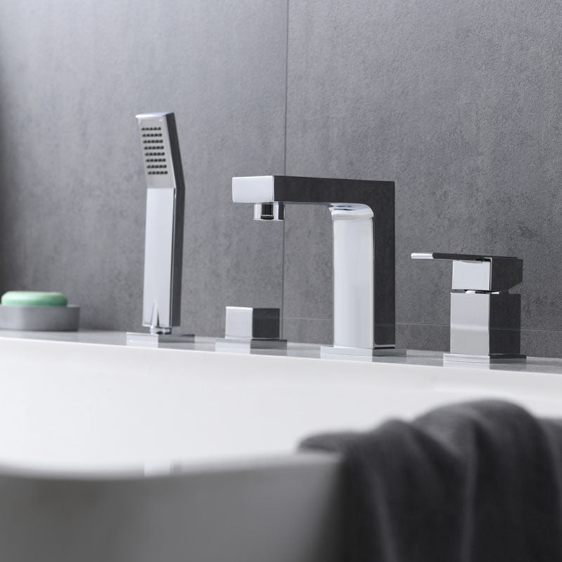 Modern Square Low Arc Faucet with Hand Shower Bathtub Faucet Silver 4 Hole Faucets Waterfall Faucet Not Included Clearhalo 'Bathroom Remodel & Bathroom Fixtures' 'Bathtub Faucets' 'bathtub_faucets' 'Home Improvement' 'home_improvement' 'home_improvement_bathtub_faucets' 7209398
