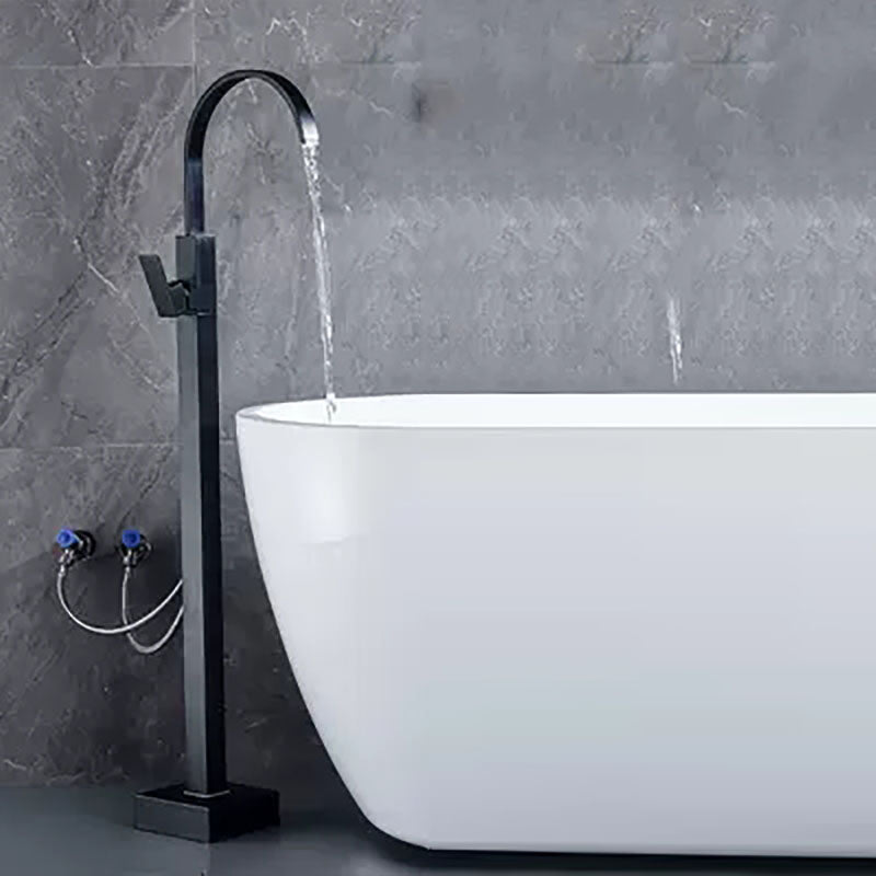 Brass Freestanding Tub Filler with Water Inlet Pipe Floor Mounted Bathroom Faucet Black Square Curved Faucet Hand Shower Not Included Clearhalo 'Bathroom Remodel & Bathroom Fixtures' 'Bathtub Faucets' 'bathtub_faucets' 'Home Improvement' 'home_improvement' 'home_improvement_bathtub_faucets' 7209440