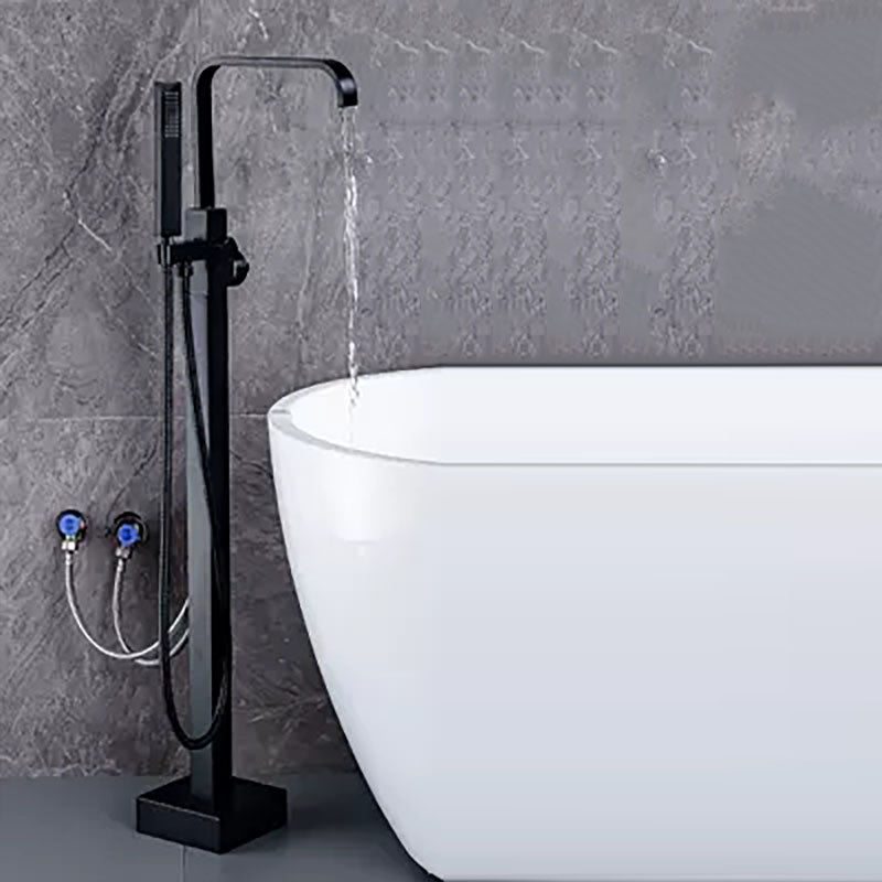 Brass Freestanding Tub Filler with Water Inlet Pipe Floor Mounted Bathroom Faucet Black Square Hand Shower Included Clearhalo 'Bathroom Remodel & Bathroom Fixtures' 'Bathtub Faucets' 'bathtub_faucets' 'Home Improvement' 'home_improvement' 'home_improvement_bathtub_faucets' 7209442
