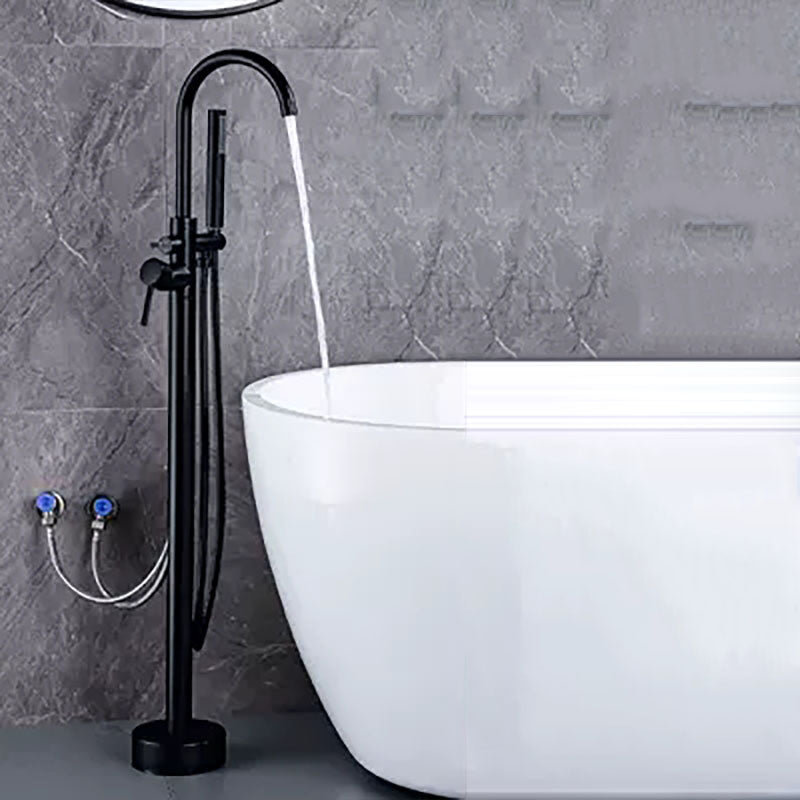 Brass Freestanding Tub Filler with Water Inlet Pipe Floor Mounted Bathroom Faucet Black Round Hand Shower Included Clearhalo 'Bathroom Remodel & Bathroom Fixtures' 'Bathtub Faucets' 'bathtub_faucets' 'Home Improvement' 'home_improvement' 'home_improvement_bathtub_faucets' 7209444