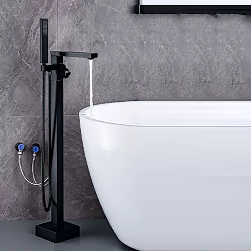 Brass Freestanding Tub Filler with Water Inlet Pipe Floor Mounted Bathroom Faucet Black 7 Shape Hand Shower Included Clearhalo 'Bathroom Remodel & Bathroom Fixtures' 'Bathtub Faucets' 'bathtub_faucets' 'Home Improvement' 'home_improvement' 'home_improvement_bathtub_faucets' 7209446