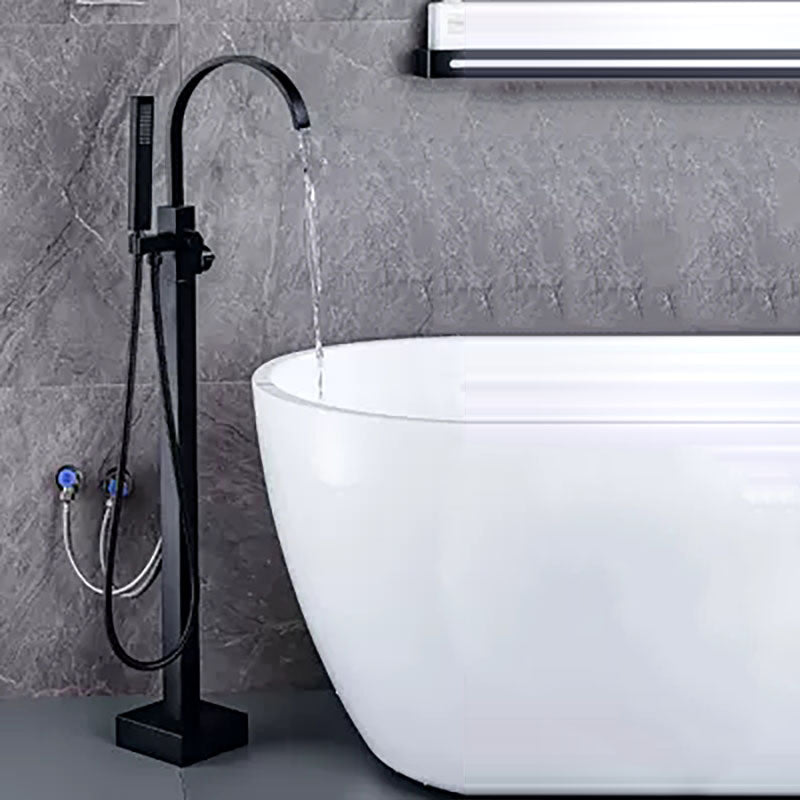 Brass Freestanding Tub Filler with Water Inlet Pipe Floor Mounted Bathroom Faucet Black Square Curved Faucet Hand Shower Included Clearhalo 'Bathroom Remodel & Bathroom Fixtures' 'Bathtub Faucets' 'bathtub_faucets' 'Home Improvement' 'home_improvement' 'home_improvement_bathtub_faucets' 7209447