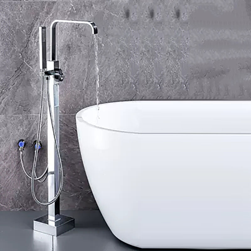 Brass Freestanding Tub Filler with Water Inlet Pipe Floor Mounted Bathroom Faucet Chrome Square Hand Shower Included Clearhalo 'Bathroom Remodel & Bathroom Fixtures' 'Bathtub Faucets' 'bathtub_faucets' 'Home Improvement' 'home_improvement' 'home_improvement_bathtub_faucets' 7209454