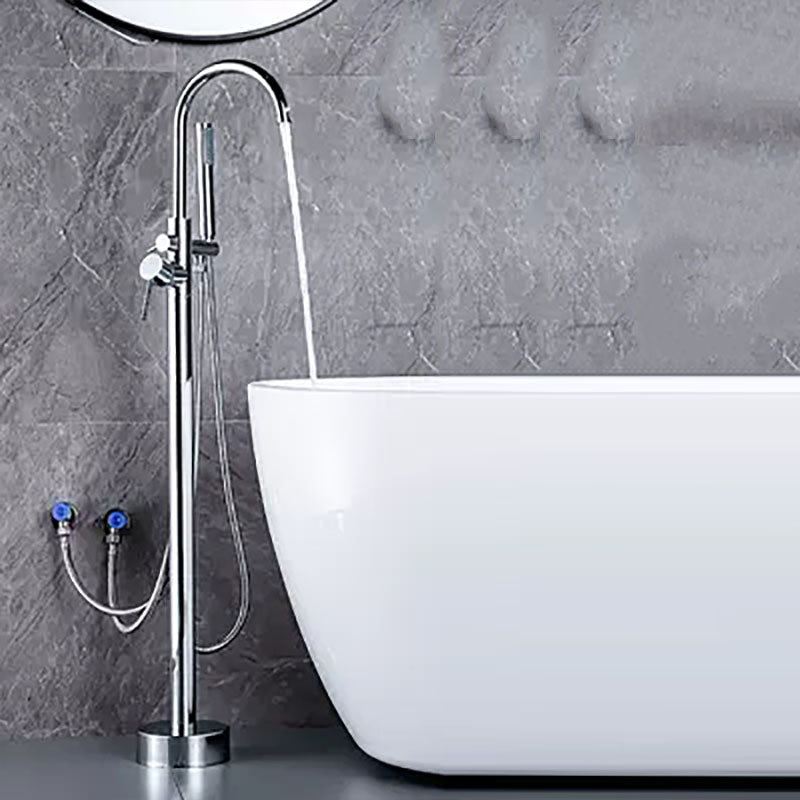 Brass Freestanding Tub Filler with Water Inlet Pipe Floor Mounted Bathroom Faucet Chrome Round Hand Shower Included Clearhalo 'Bathroom Remodel & Bathroom Fixtures' 'Bathtub Faucets' 'bathtub_faucets' 'Home Improvement' 'home_improvement' 'home_improvement_bathtub_faucets' 7209455