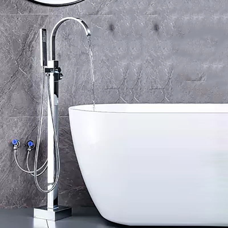 Brass Freestanding Tub Filler with Water Inlet Pipe Floor Mounted Bathroom Faucet Chrome Square Curved Faucet Hand Shower Included Clearhalo 'Bathroom Remodel & Bathroom Fixtures' 'Bathtub Faucets' 'bathtub_faucets' 'Home Improvement' 'home_improvement' 'home_improvement_bathtub_faucets' 7209457