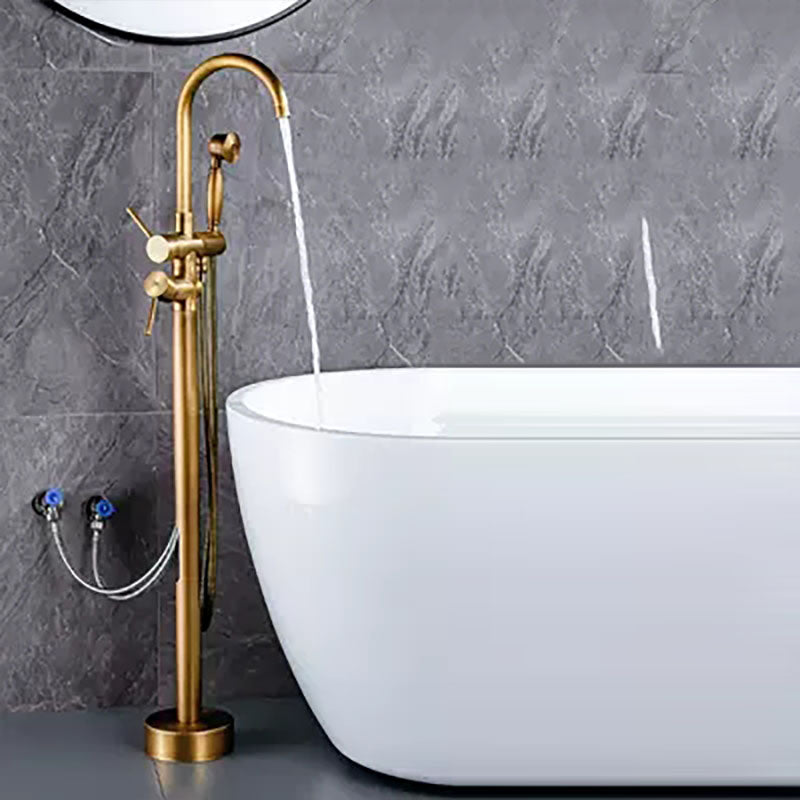 Brass Freestanding Tub Filler with Water Inlet Pipe Floor Mounted Bathroom Faucet Round Hand Shower Included Clearhalo 'Bathroom Remodel & Bathroom Fixtures' 'Bathtub Faucets' 'bathtub_faucets' 'Home Improvement' 'home_improvement' 'home_improvement_bathtub_faucets' 7209459