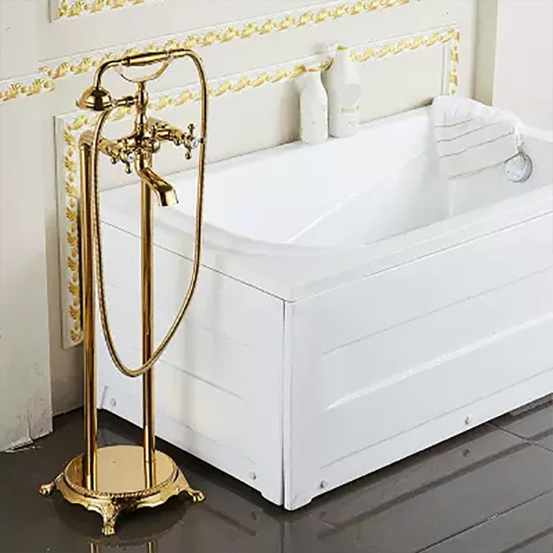 Brass Freestanding Tub Filler with Water Inlet Pipe Floor Mounted Bathroom Faucet Gold Pipe Shape Hand Shower Included Clearhalo 'Bathroom Remodel & Bathroom Fixtures' 'Bathtub Faucets' 'bathtub_faucets' 'Home Improvement' 'home_improvement' 'home_improvement_bathtub_faucets' 7209460