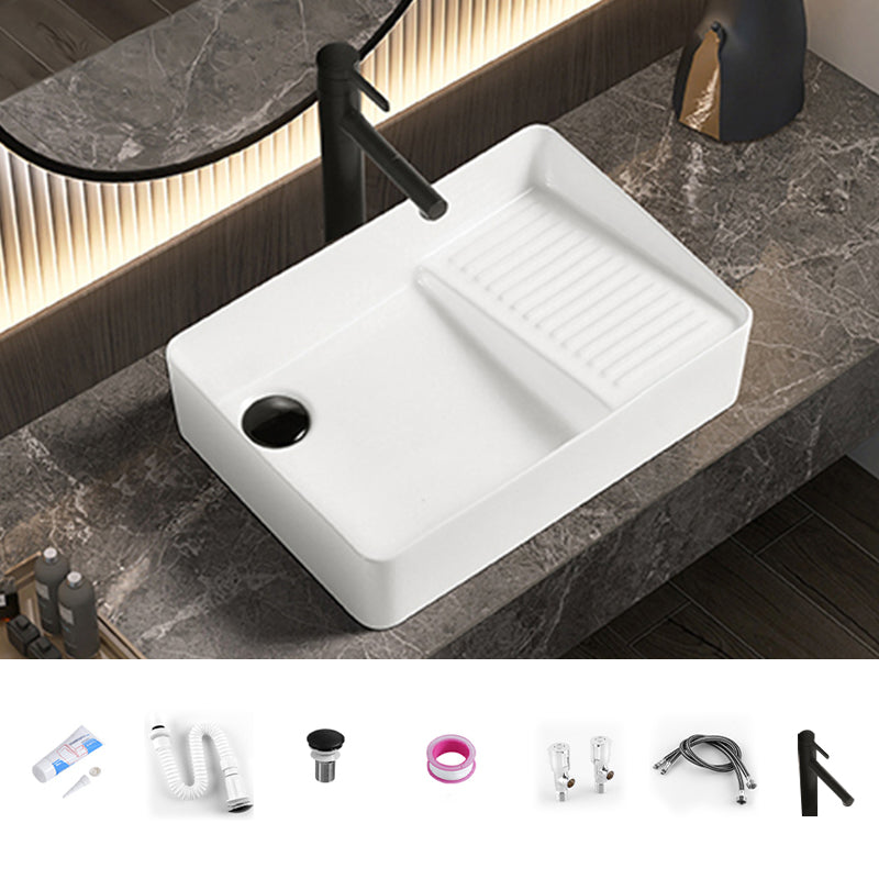 Modern Bathroom Sink Pop-Up Drain Porcelain Solid Color Rectangular Vessel Bathroom Sink 18.5"L x 12.6"W x 4.3"H Right Washboard Sink with Faucet Clearhalo 'Bathroom Remodel & Bathroom Fixtures' 'Bathroom Sinks & Faucet Components' 'Bathroom Sinks' 'bathroom_sink' 'Home Improvement' 'home_improvement' 'home_improvement_bathroom_sink' 7209551