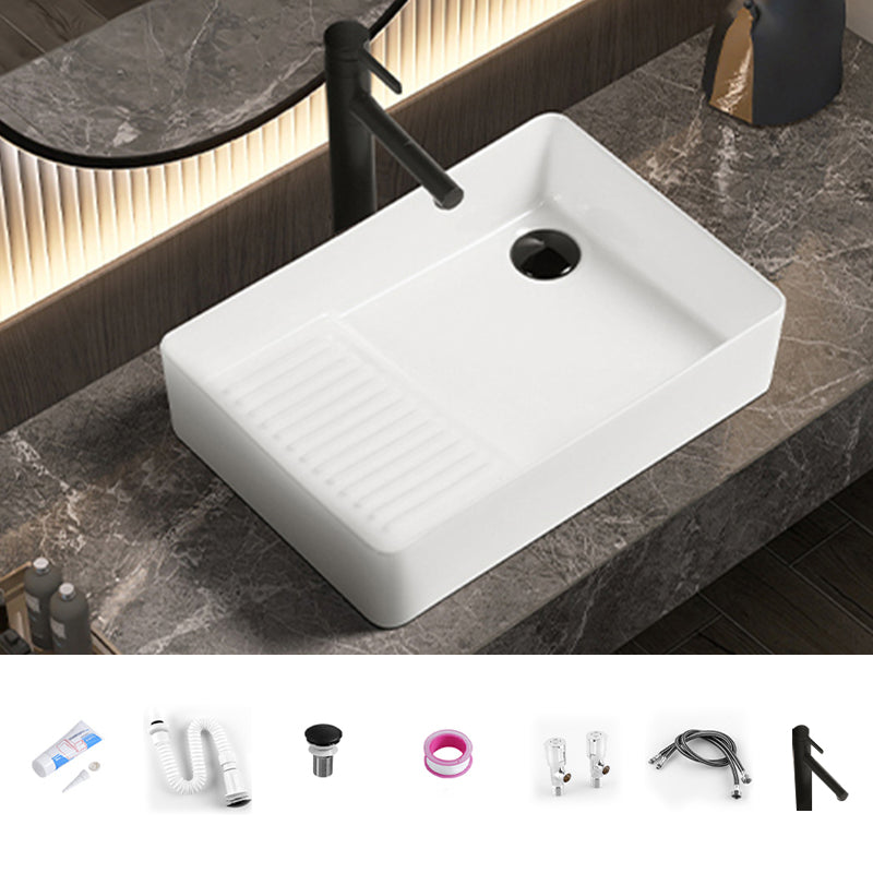 Modern Bathroom Sink Pop-Up Drain Porcelain Solid Color Rectangular Vessel Bathroom Sink 18.5"L x 12.6"W x 4.3"H Left Washboard Sink with Faucet Clearhalo 'Bathroom Remodel & Bathroom Fixtures' 'Bathroom Sinks & Faucet Components' 'Bathroom Sinks' 'bathroom_sink' 'Home Improvement' 'home_improvement' 'home_improvement_bathroom_sink' 7209556