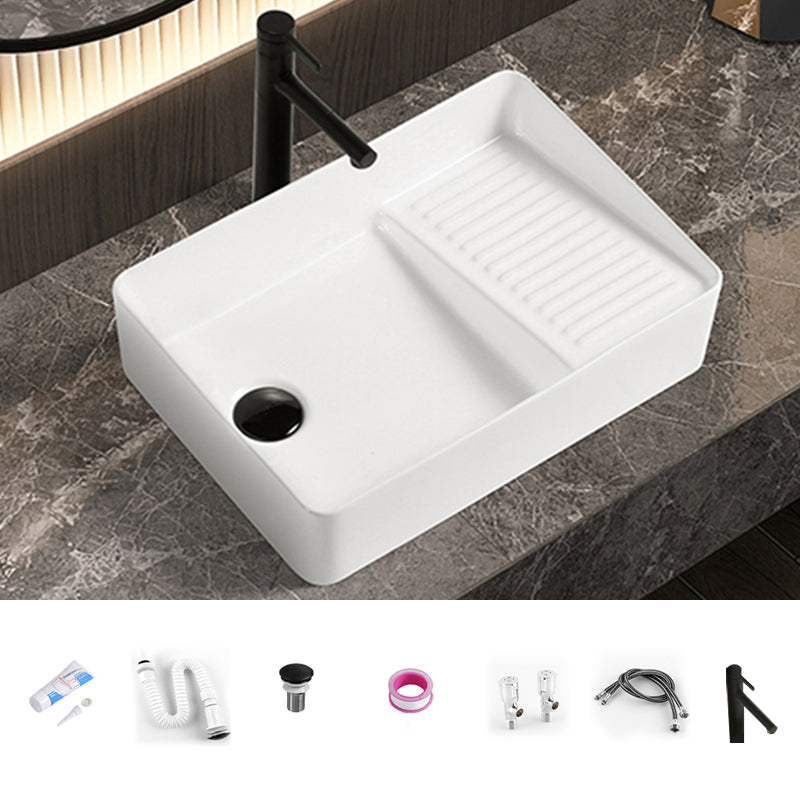 Modern Bathroom Sink Pop-Up Drain Porcelain Solid Color Rectangular Vessel Bathroom Sink 20.3"L x 13.4"W x 4.7"H Right Washboard Sink with Faucet Clearhalo 'Bathroom Remodel & Bathroom Fixtures' 'Bathroom Sinks & Faucet Components' 'Bathroom Sinks' 'bathroom_sink' 'Home Improvement' 'home_improvement' 'home_improvement_bathroom_sink' 7209560