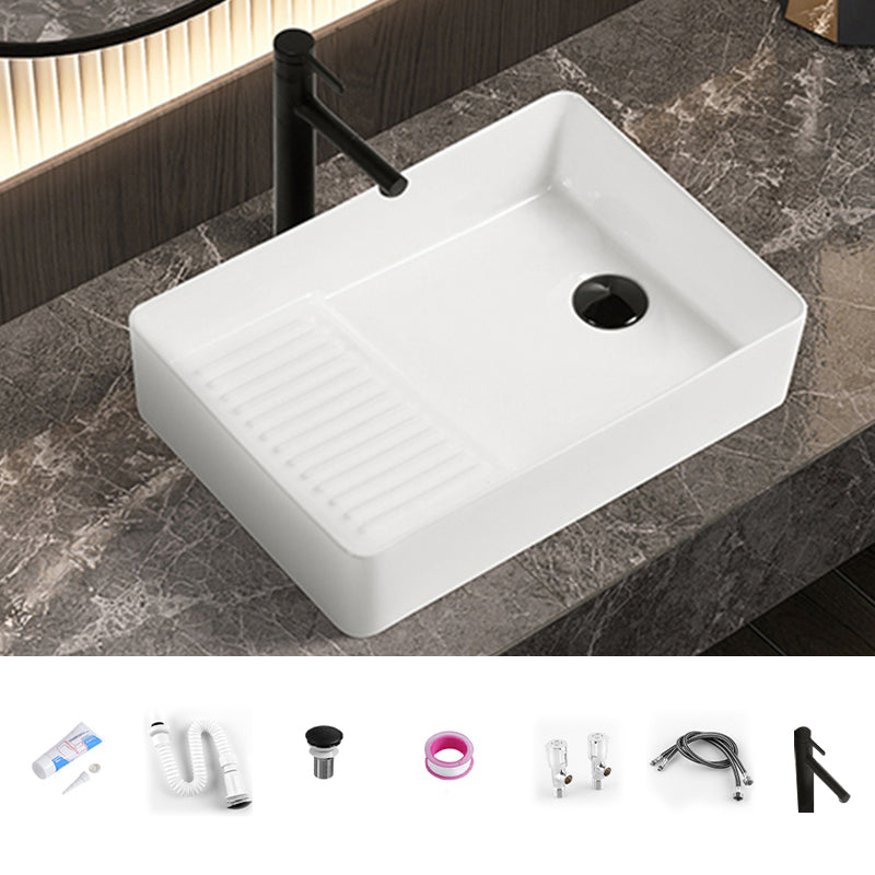 Modern Bathroom Sink Pop-Up Drain Porcelain Solid Color Rectangular Vessel Bathroom Sink 20.3"L x 13.4"W x 4.7"H Left Washboard Sink with Faucet Clearhalo 'Bathroom Remodel & Bathroom Fixtures' 'Bathroom Sinks & Faucet Components' 'Bathroom Sinks' 'bathroom_sink' 'Home Improvement' 'home_improvement' 'home_improvement_bathroom_sink' 7209563