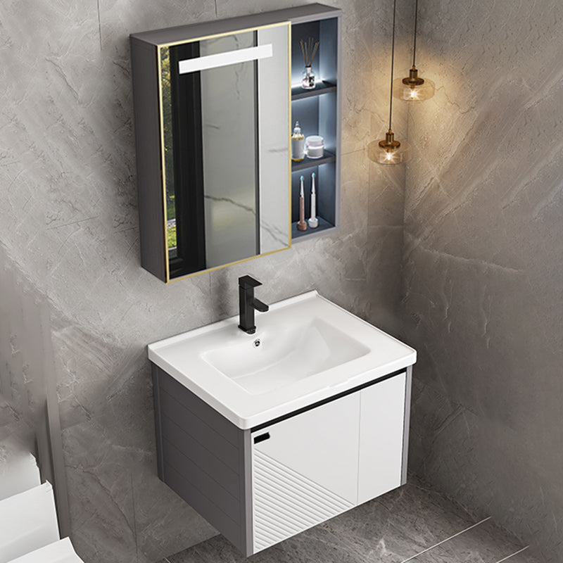 Modern Sink Vanity Set Wall Mounted Rectangular Sink Drawers Vanity Set Vanity & Faucet & Sensor Mirror Cabinet Ceramic Clearhalo 'Bathroom Remodel & Bathroom Fixtures' 'Bathroom Vanities' 'bathroom_vanities' 'Home Improvement' 'home_improvement' 'home_improvement_bathroom_vanities' 7215137