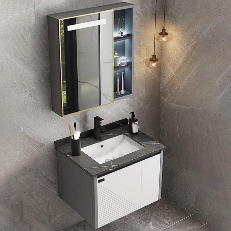 Modern Sink Vanity Set Wall Mounted Rectangular Sink Drawers Vanity Set Vanity & Faucet & Sensor Mirror Cabinet Stone Clearhalo 'Bathroom Remodel & Bathroom Fixtures' 'Bathroom Vanities' 'bathroom_vanities' 'Home Improvement' 'home_improvement' 'home_improvement_bathroom_vanities' 7215140