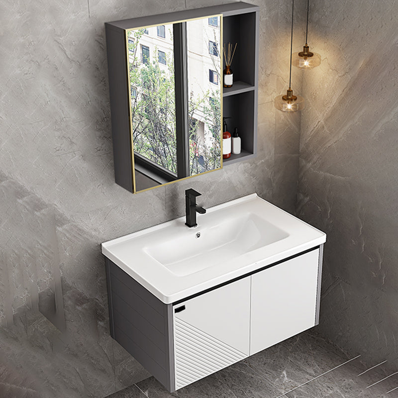 Modern Sink Vanity Set Wall Mounted Rectangular Sink Drawers Vanity Set Vanity & Faucet & Mirror Cabinet 32"L x 19"W x 19"H Ceramic Clearhalo 'Bathroom Remodel & Bathroom Fixtures' 'Bathroom Vanities' 'bathroom_vanities' 'Home Improvement' 'home_improvement' 'home_improvement_bathroom_vanities' 7215143