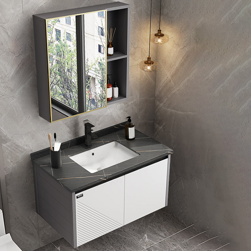 Modern Sink Vanity Set Wall Mounted Rectangular Sink Drawers Vanity Set Vanity & Faucet & Mirror Cabinet 32"L x 19"W x 19"H Stone Clearhalo 'Bathroom Remodel & Bathroom Fixtures' 'Bathroom Vanities' 'bathroom_vanities' 'Home Improvement' 'home_improvement' 'home_improvement_bathroom_vanities' 7215144