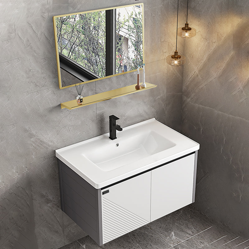 Modern Sink Vanity Set Wall Mounted Rectangular Sink Drawers Vanity Set Vanity & Faucet & Mirrors 32"L x 19"W x 19"H Ceramic Clearhalo 'Bathroom Remodel & Bathroom Fixtures' 'Bathroom Vanities' 'bathroom_vanities' 'Home Improvement' 'home_improvement' 'home_improvement_bathroom_vanities' 7215145