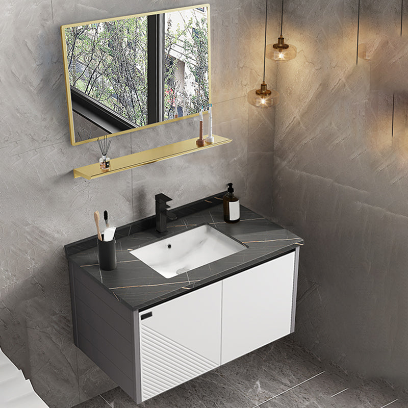 Modern Sink Vanity Set Wall Mounted Rectangular Sink Drawers Vanity Set Vanity & Faucet & Mirrors 32"L x 19"W x 19"H Stone Clearhalo 'Bathroom Remodel & Bathroom Fixtures' 'Bathroom Vanities' 'bathroom_vanities' 'Home Improvement' 'home_improvement' 'home_improvement_bathroom_vanities' 7215146