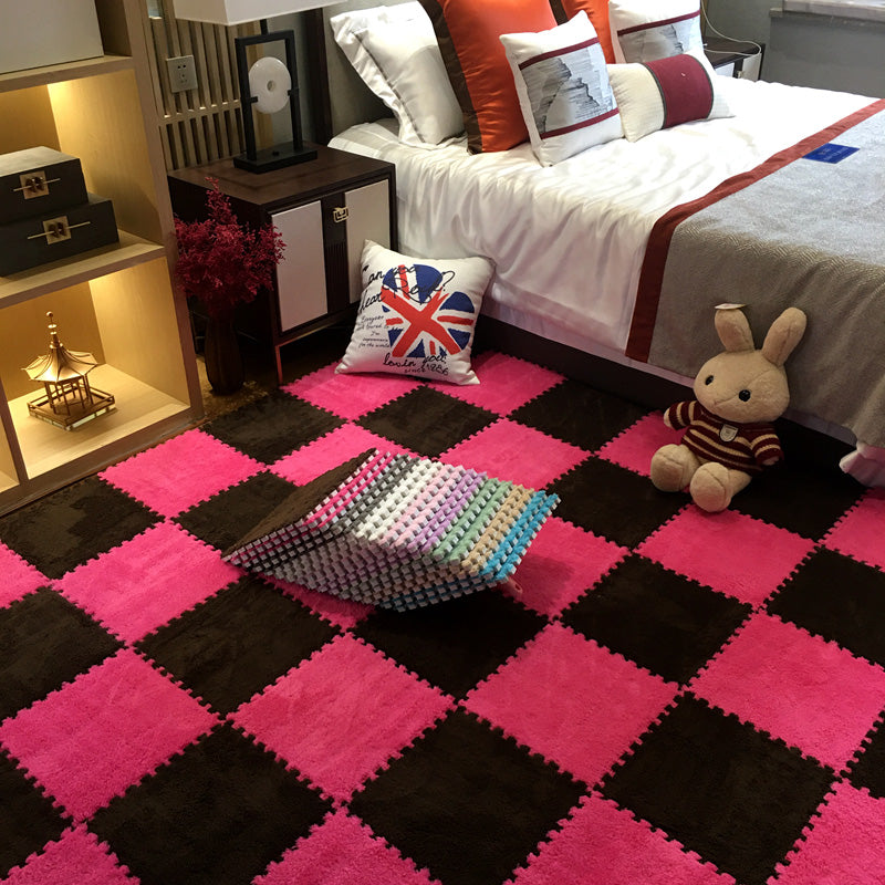 Modern Carpet Floor Tile Plush Cut Interlocking Non-Skid Tiles and Carpet Pink/ Black Clearhalo 'Carpet Tiles & Carpet Squares' 'carpet_tiles_carpet_squares' 'Flooring 'Home Improvement' 'home_improvement' 'home_improvement_carpet_tiles_carpet_squares' Walls and Ceiling' 7215884