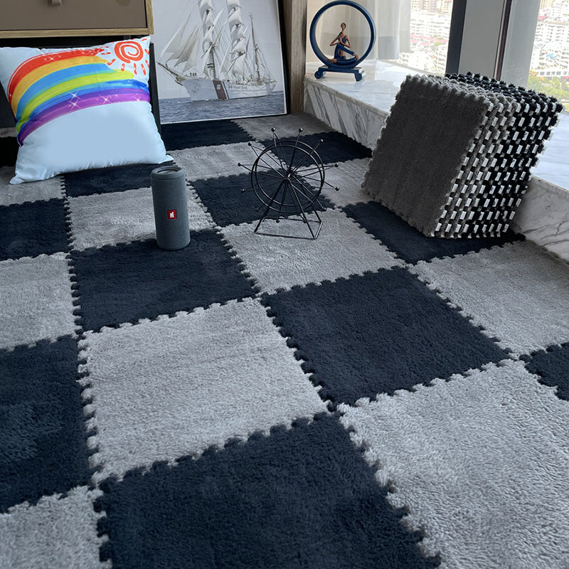 Modern Carpet Floor Tile Plush Cut Interlocking Mildew Resistant Tiles and Carpet Black-Gray Clearhalo 'Carpet Tiles & Carpet Squares' 'carpet_tiles_carpet_squares' 'Flooring 'Home Improvement' 'home_improvement' 'home_improvement_carpet_tiles_carpet_squares' Walls and Ceiling' 7215913