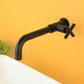 Widespread Wall Mounted Bathroom Sink Faucet Cross Handle Low Arc Faucet Black 21cm Side Handle Clearhalo 'Bathroom Remodel & Bathroom Fixtures' 'Bathroom Sink Faucets' 'Bathroom Sinks & Faucet Components' 'bathroom_sink_faucets' 'Home Improvement' 'home_improvement' 'home_improvement_bathroom_sink_faucets' 7221187